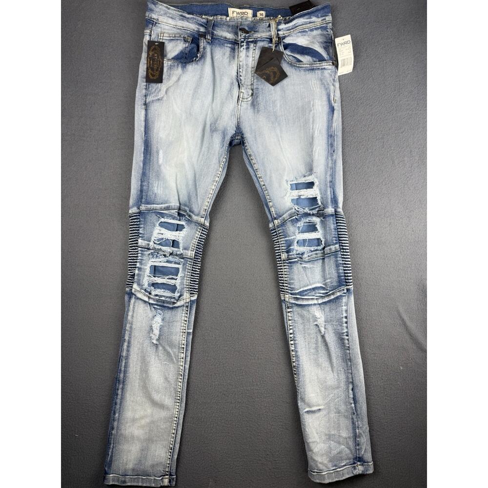 NWT FWRD Denim Jeans Mens Size 36 Blue Multi Distressed Denim Biker Moto